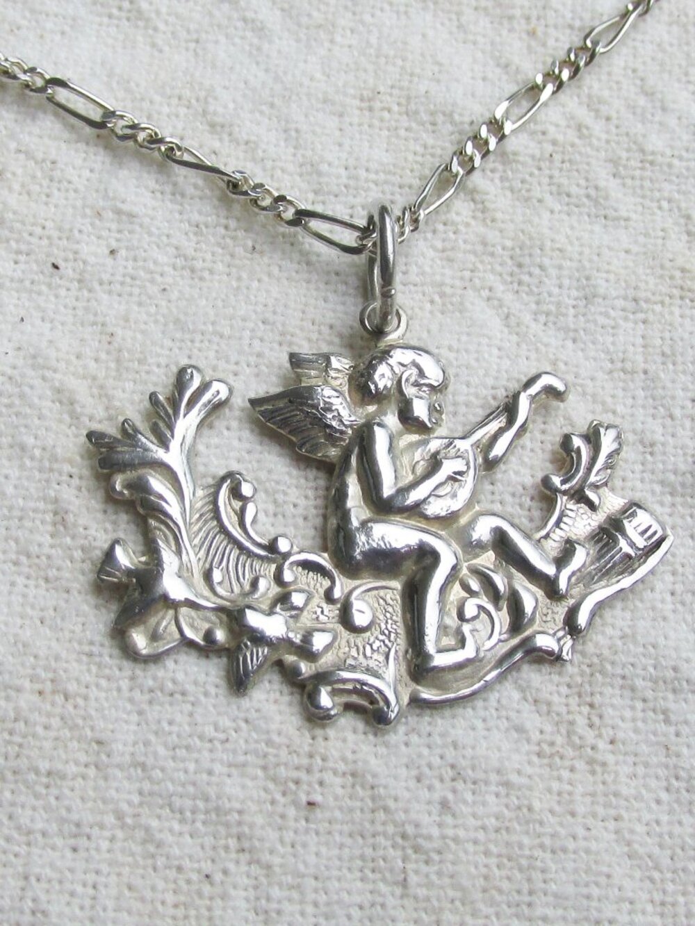 Vintage Sterling Silver ANGEL Playing Lute on Cloud Pendant 20" Necklace